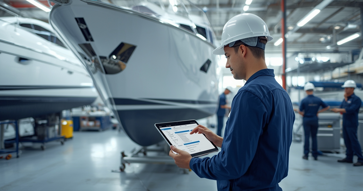 Marine technician using yacht maintenance software