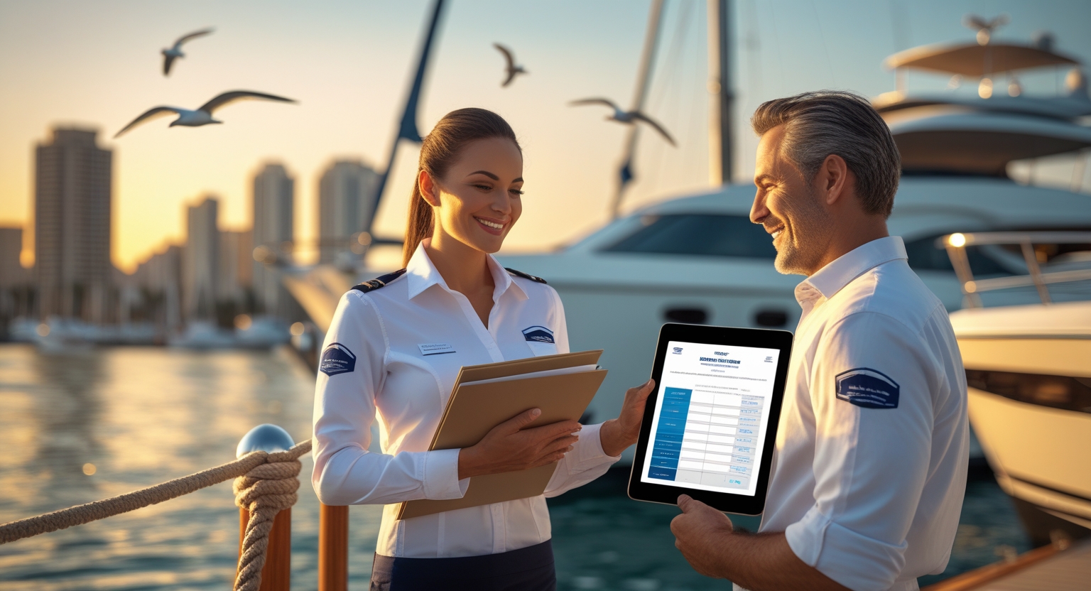 Marine business technicians sharing yacht service records