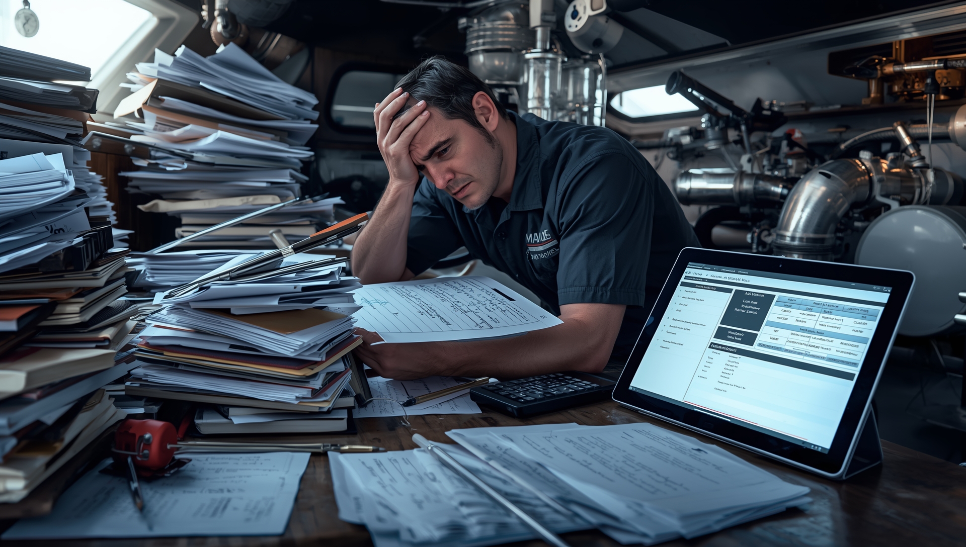 A marine business manager struggling with manual logs