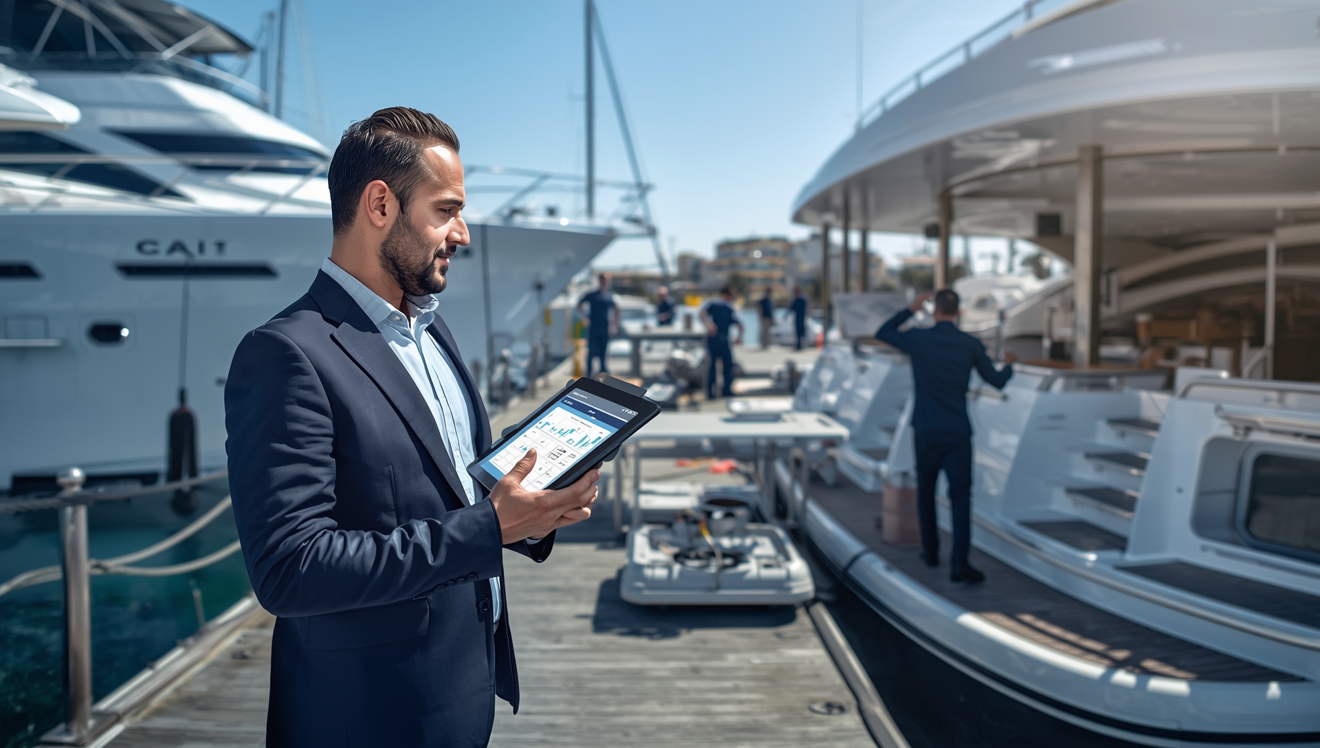 Marine service manager using Yacht Logic Pro on the dock