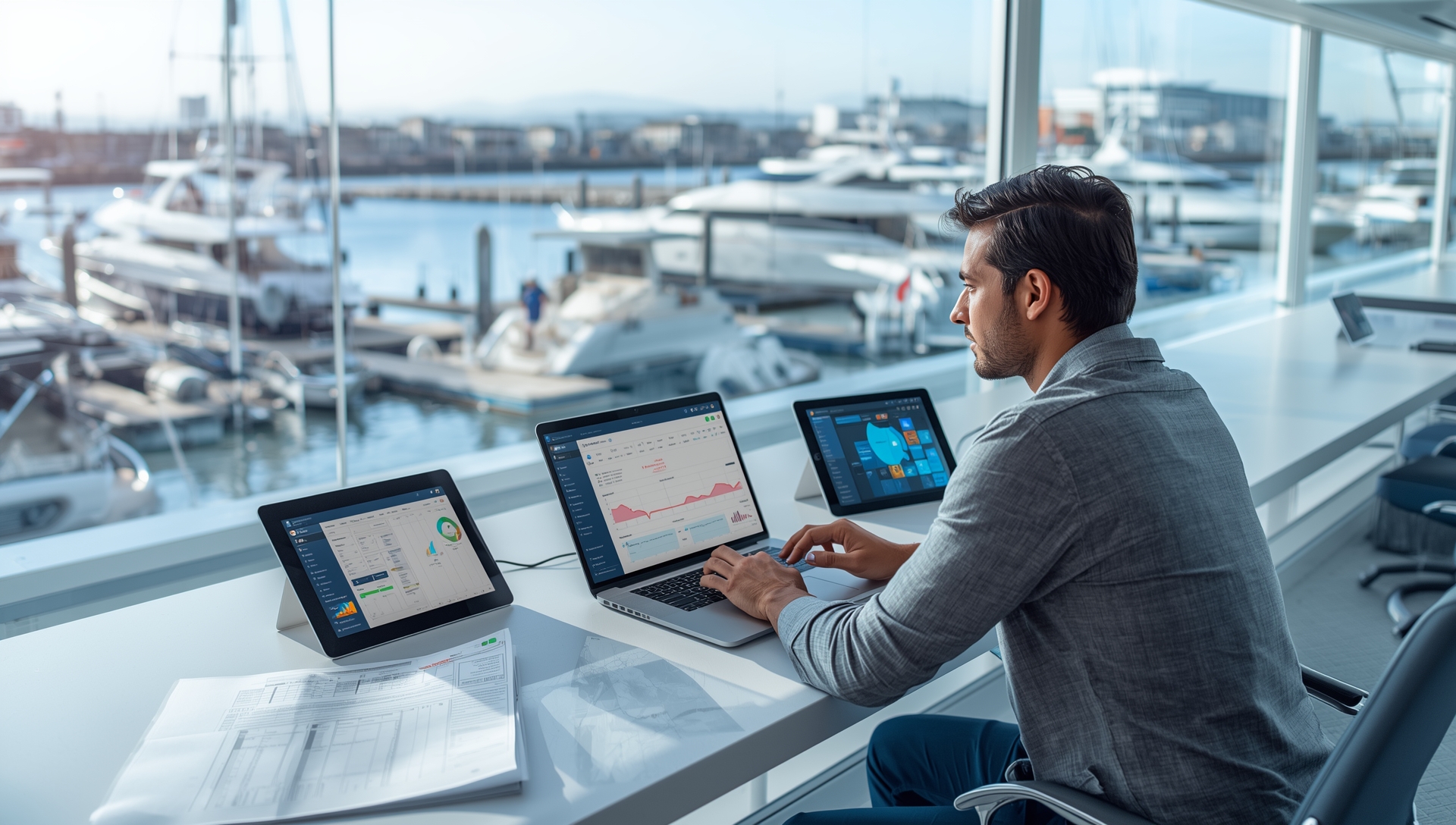 A marine business owner using yacht service management software